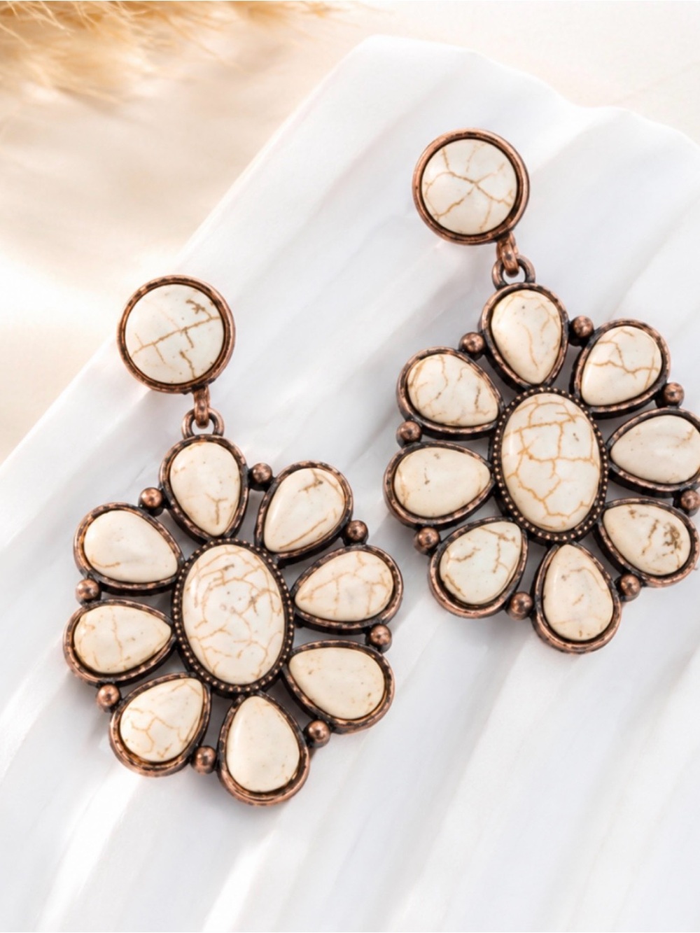White Stone Floral Drop Earrings | Western Boho Statement Earrings | Rustic